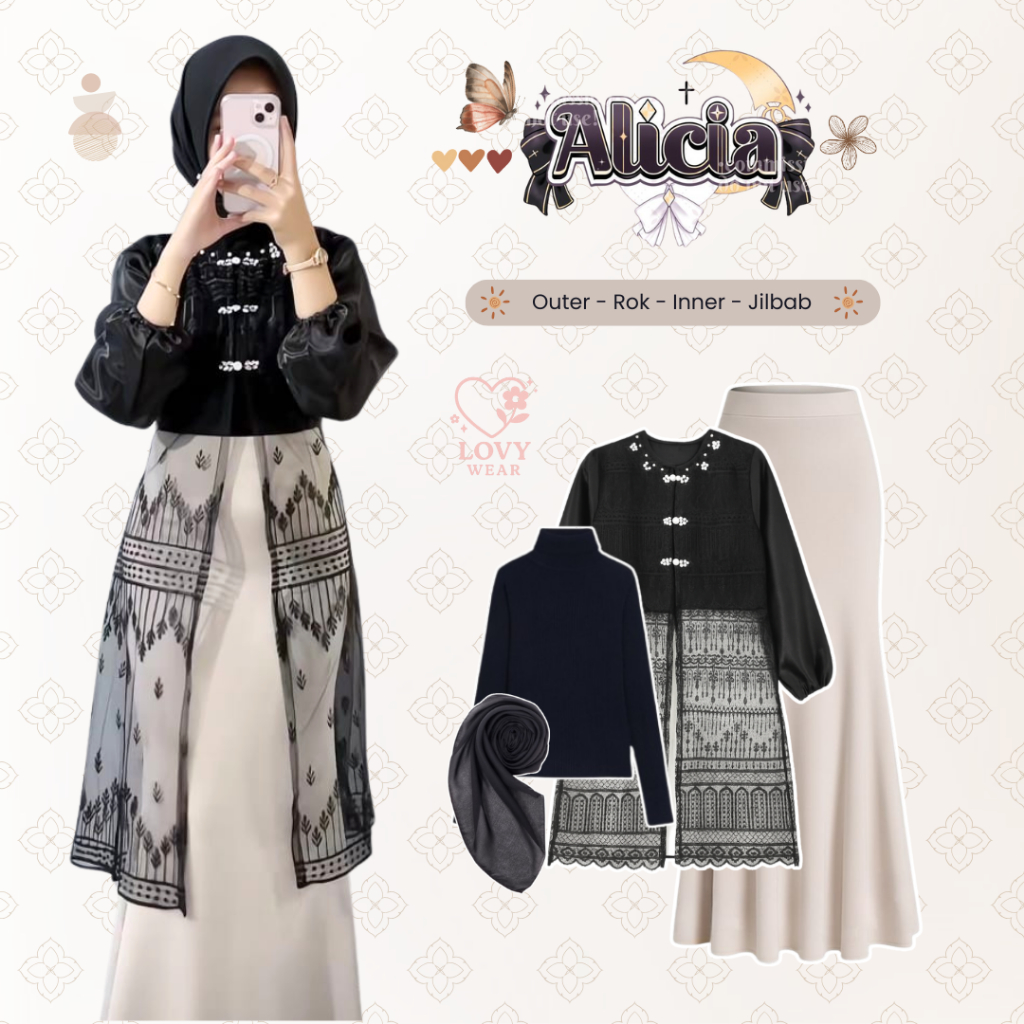 One Set Baju Lebaran Wanita Elegan (Outer Brokat, Inner, Rok Duyung, Jilbab Hitam) Outfit Mewah Leng