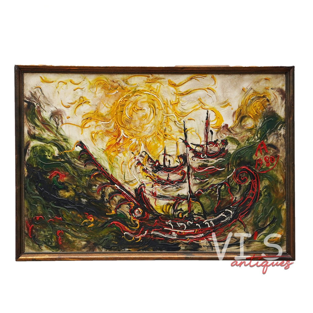 Lukisan Affandi Perahu dan Matahari '80 Oil On Canvas Antik Kuno