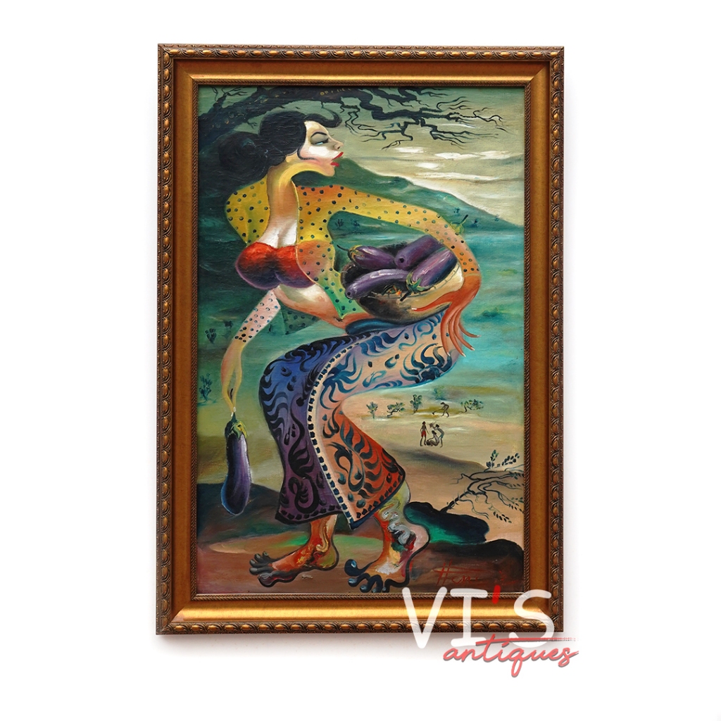 Lukisan Hendra Gunawan Panen Terong Oil On Canvas Antik Kuno