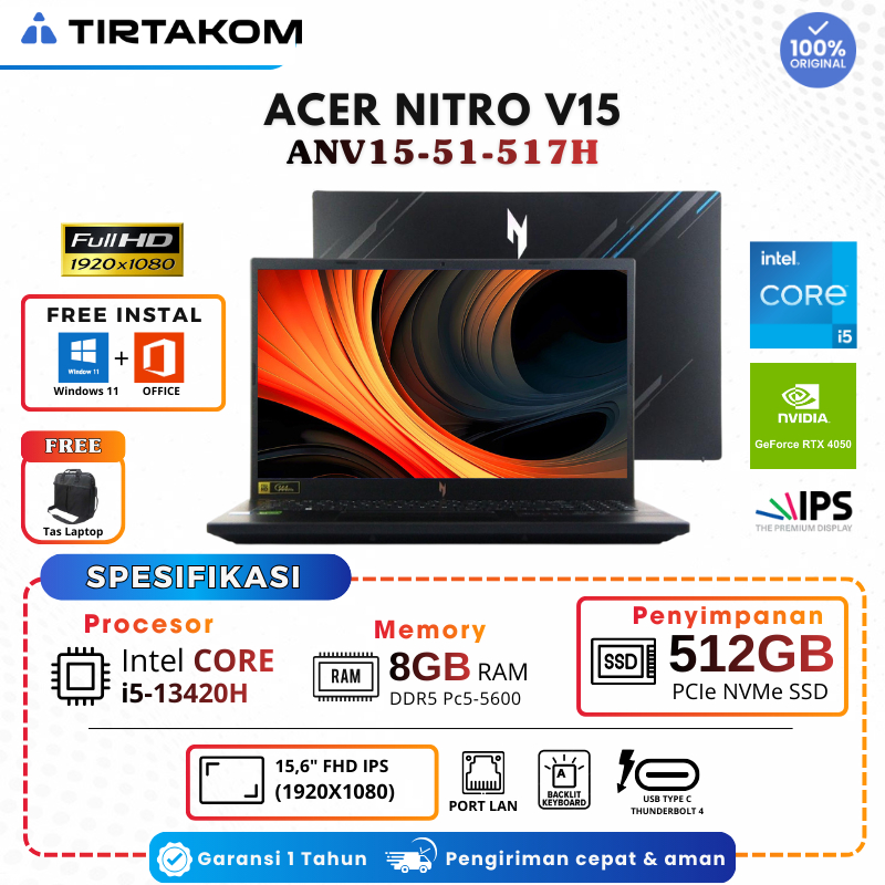 LAPTOP BARU Acer Nitro V15 ANV15-51-517H with Intel i5-13420H and NVIDIA RTX4050 AND 8GB DDR5