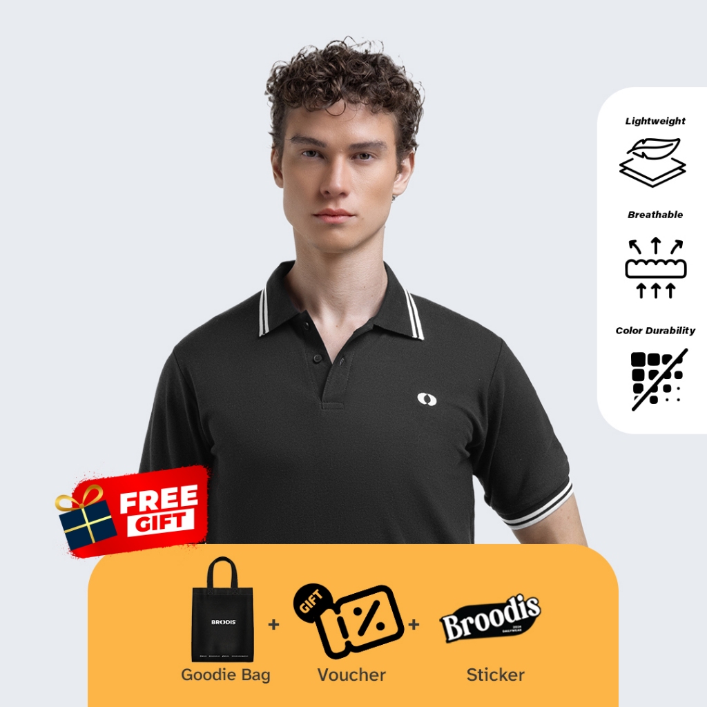 Broodis Kaos Polo Shirt Pria Hitam Stripe Putih Kerah SIMPLY Tshirt Polo Black