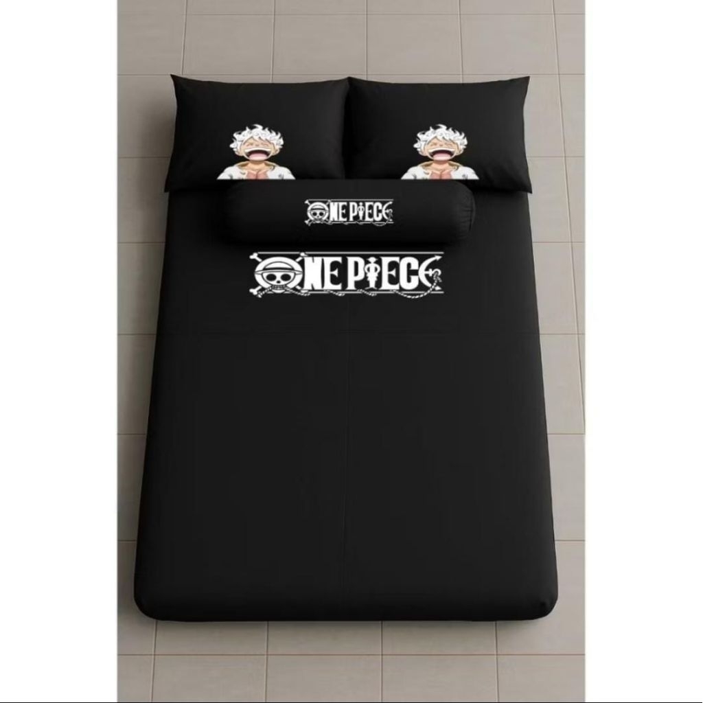 SPREI KARET KATUN PREMIUM 90/100/120/140/160/180/200 motif one piece Luffy Gear 5 hitam putih black 