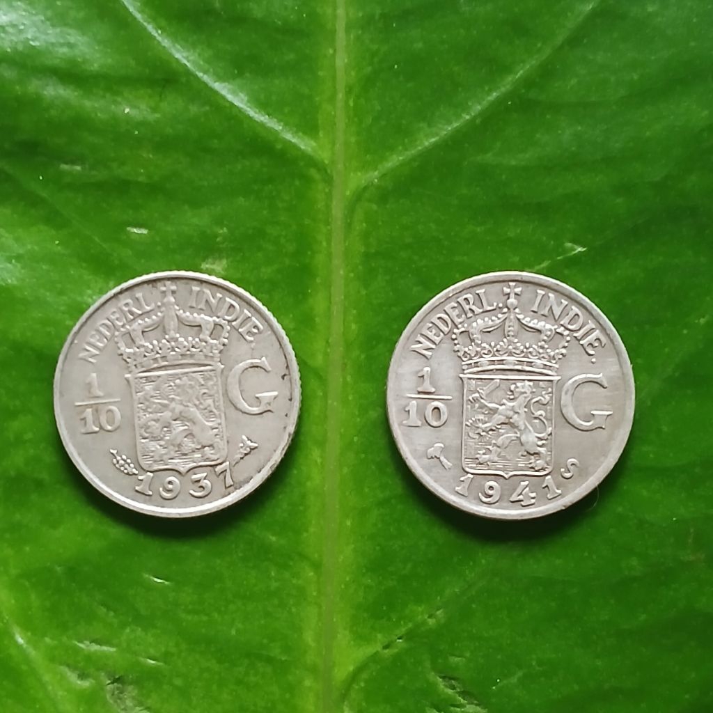 Koleksi 2 Biji Koin Perak Kuno Nederland Indie 1/10 Gulden