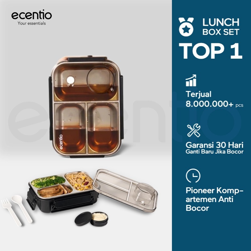 ecentio lunch box stainless 800ml kotak makan stainless 304 tempat makan tempat bekal makan free kot