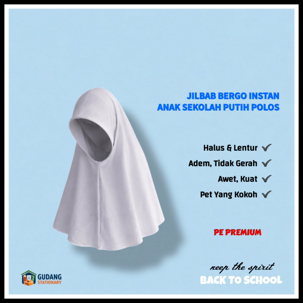 Jilbab Bergo Instan Anak Sekolah | Kerudung Sekolah Putih Polos