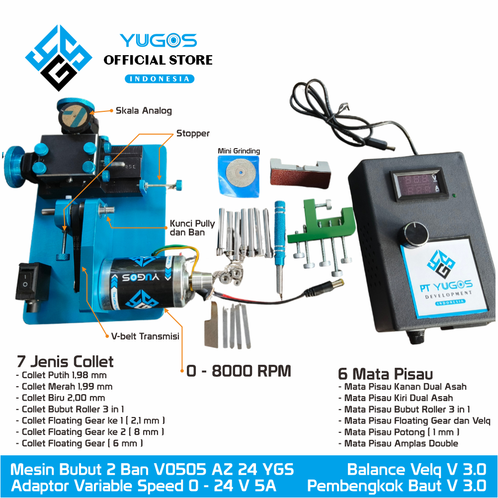 Mesin Bubut 2 Ban Mtifungsi Mini 4 WD V0505 YUGOS Development Drat Ulir X dan Y 0,5 mm