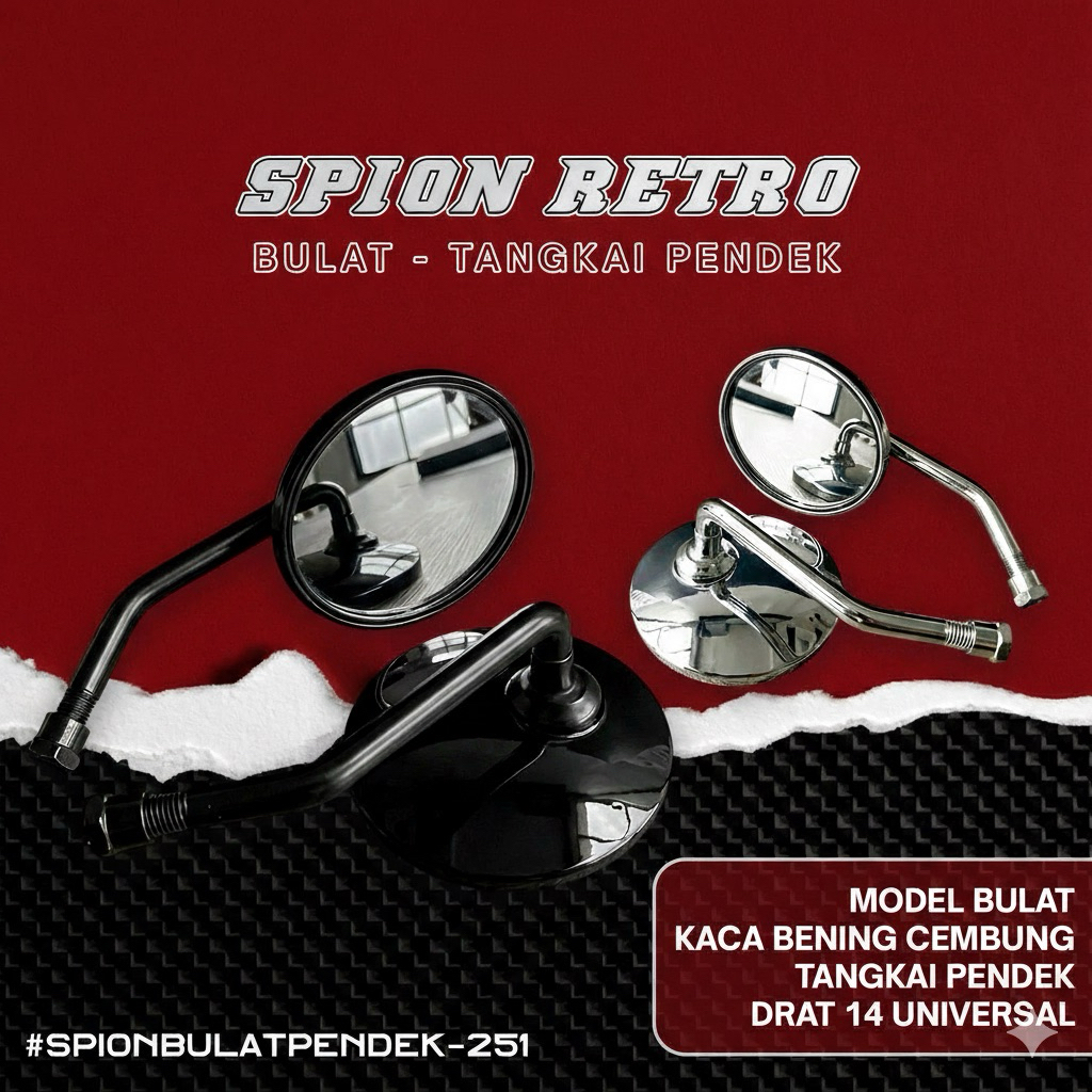 Spion Retro Tangkai Pendek Bulat kaca Cembung Putih Universal Motor