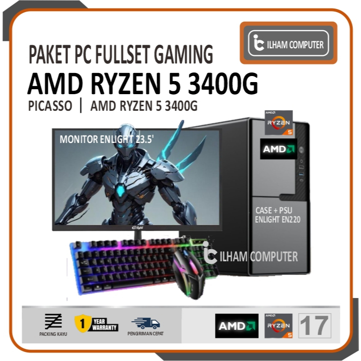 PC FULLSET AMD RYZEN 5 3400G DDR4 16GB SSD 128GB HDD 500GB MONITOR 24' KEYBOARD MOUSE - WIFI