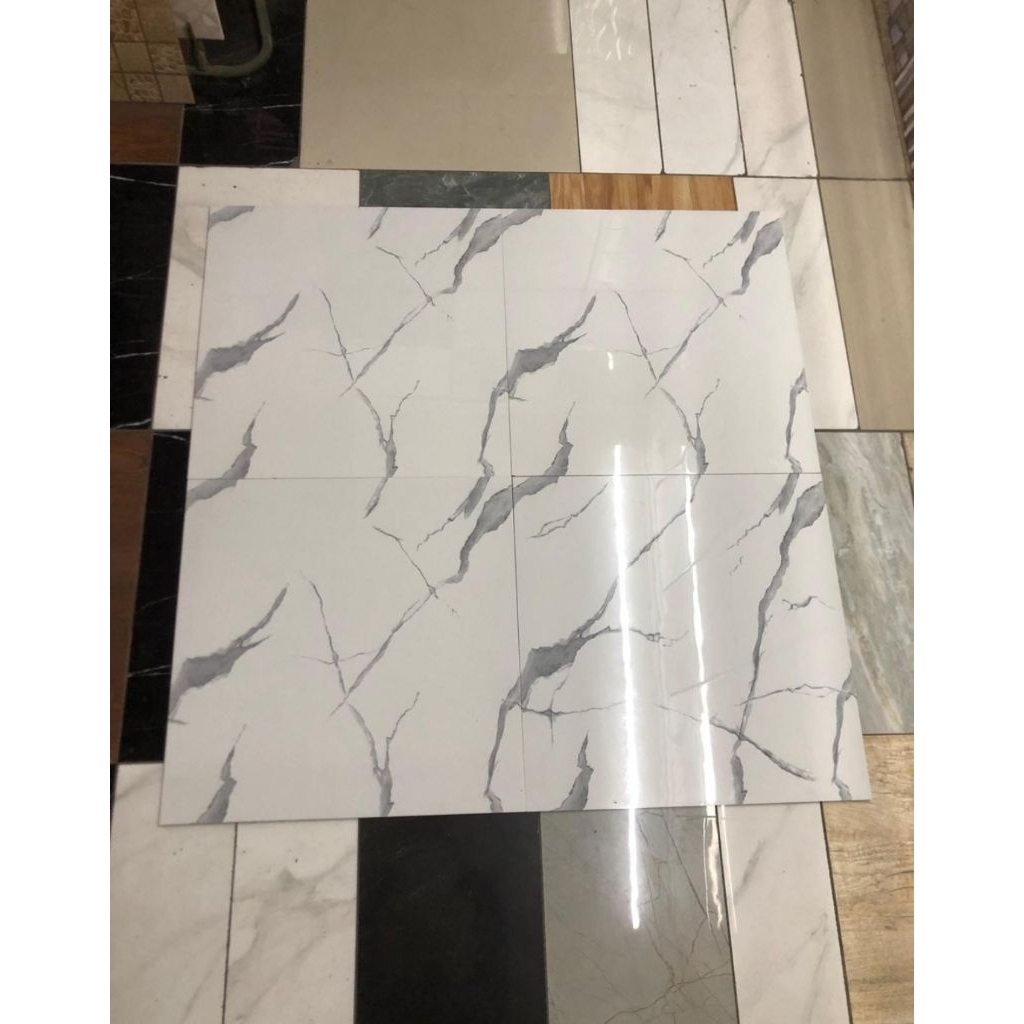 Granit Lantai keramik 60x60 Motif carara putih corak abu Glossy kilap
