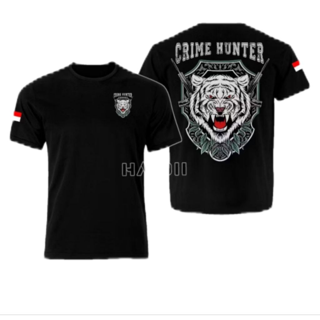Kaos Crime Hunter Desain Kepala Harimau Putih Distro Unisex Bahan Katun
