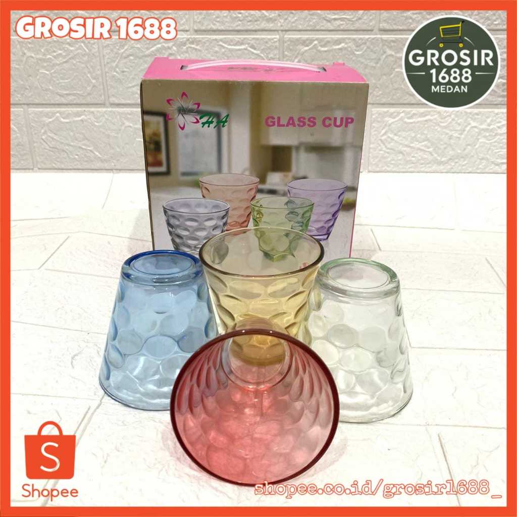 Grosir1688 - Gelas Kaca 4 Set Warna Warni / Gelas Kaca Tebal Set Warna