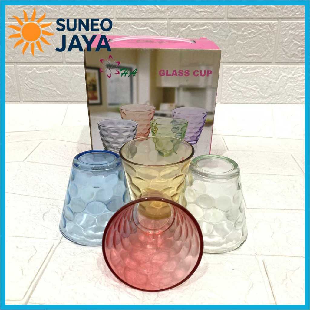 Suneojaya - Gelas Kaca 4 Set Warna Menarik / Gelas 4 Set
