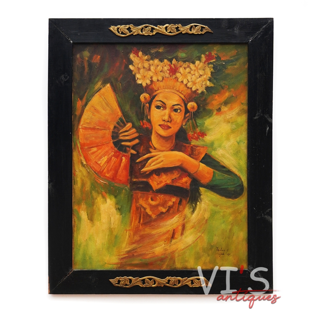 Lukisan Trubus Penari Bali Kipas Oil On Canvas Antik Kuno