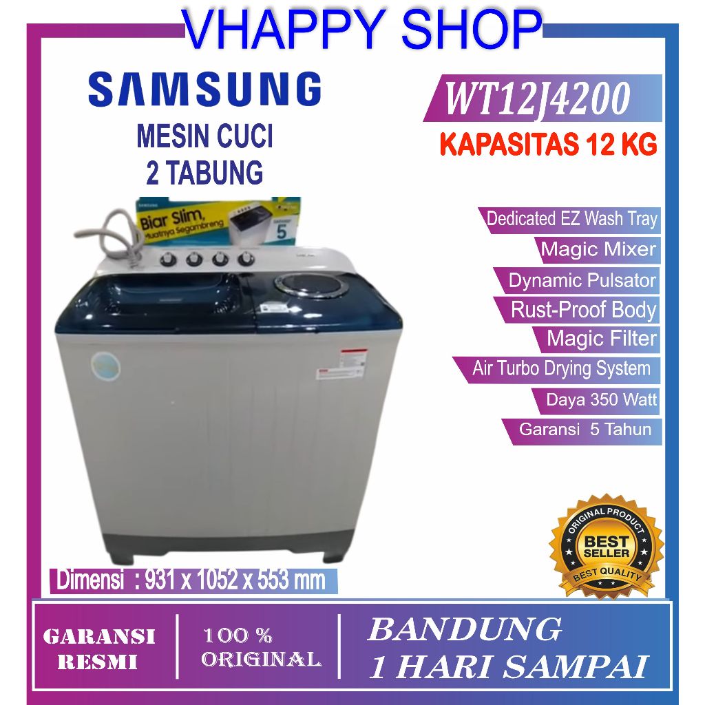 MESIN CUCI SAMSUNG WT12J4200 / MESIN CUCI 2 TABUNG KAPASITAS 12 KG 12J4200 / MESIN CUCI SAMSUNG 2 TA