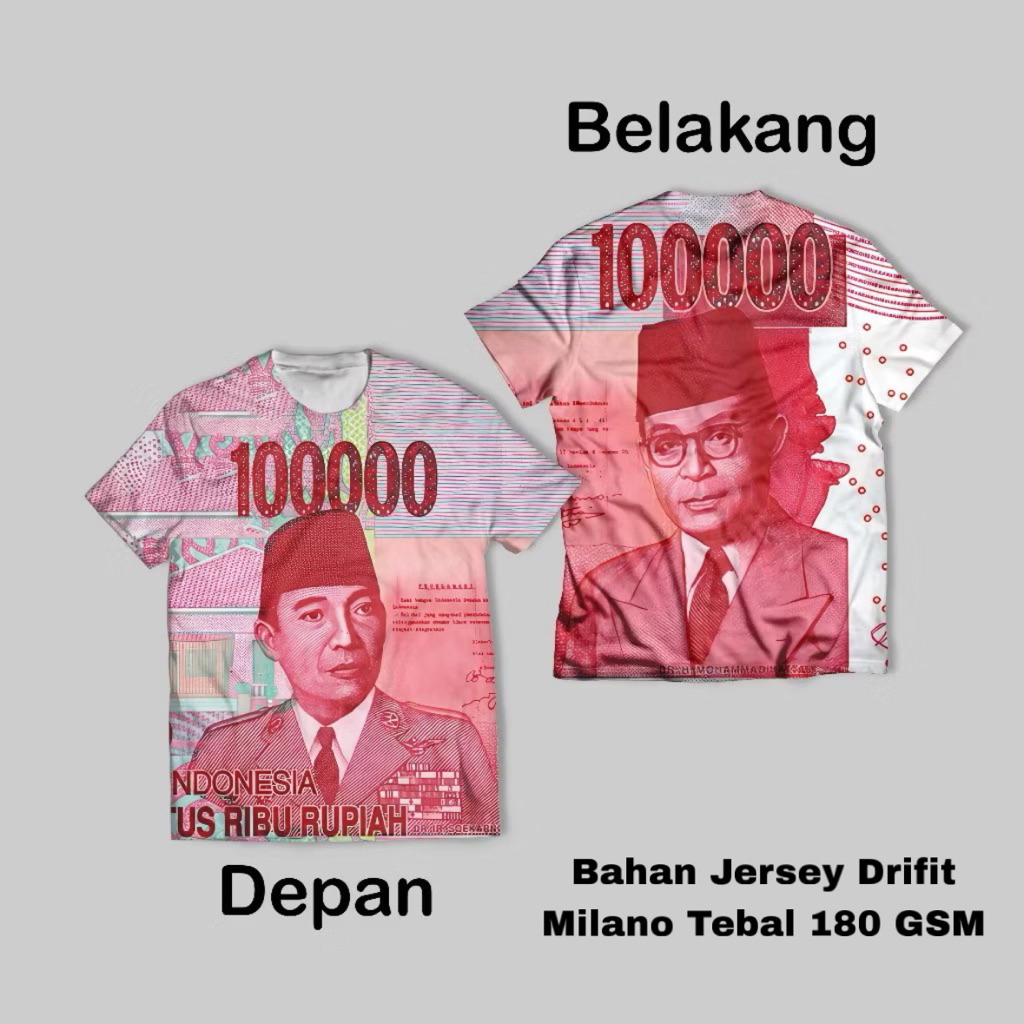 Kaos Full Print Pecahan Rupiah 100 Ribu 50 Ribu 20 Ribu Bahan Jersey Drifit Pria dan Wanita Unisex
