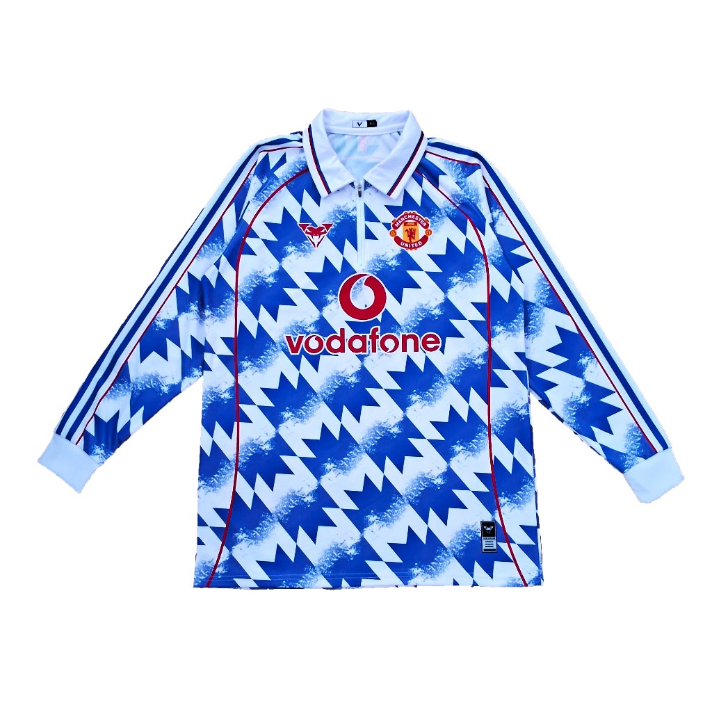JERSEY EMYU MANCHESTER UNITED RETRO BIRU PUTIH TANGAN PANJANG DENGAN SLETING