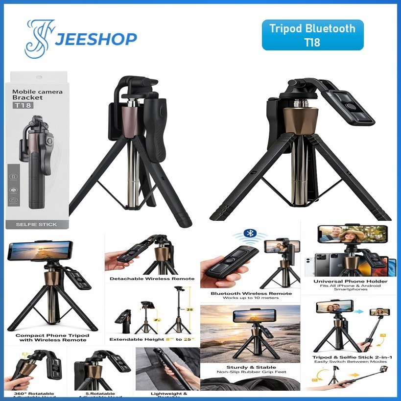 Tripod Tongsis Bluetooth T18 Tripod Selfie Stick 180CM Remote Shutter Bluetooth 360 Derajat