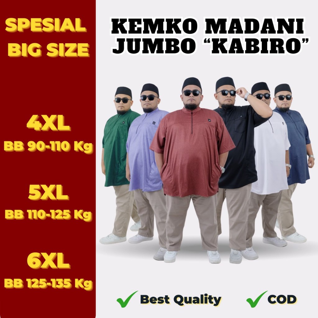 KABIRO Koko Muslim Big Size Jumbo 4XL-6XL Lengan Pendek Pria Kancing Resleting Katun Adem