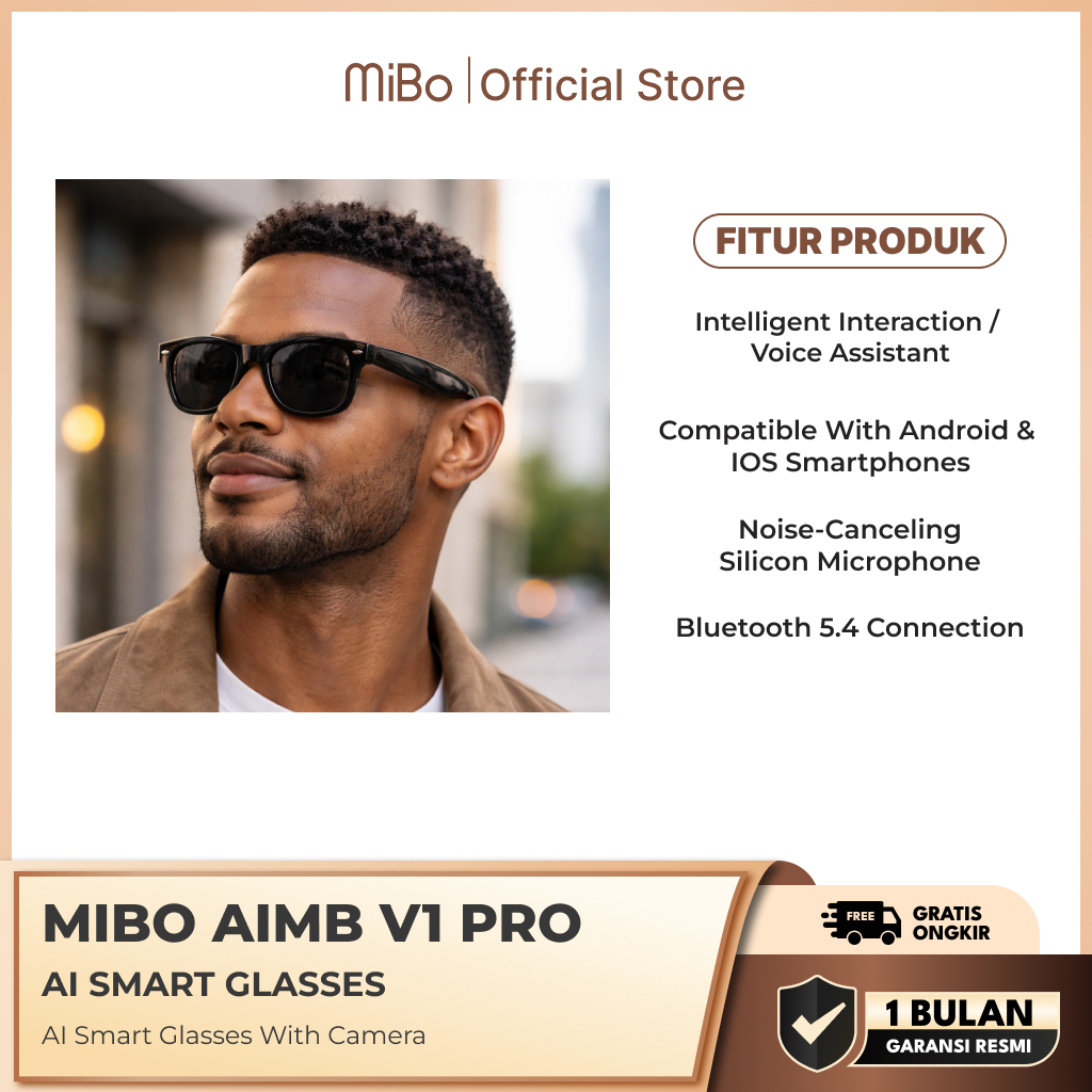 MIBO AIMB V1-Pro Smart Glasses Bluetooth | Kacamata Pintar HD Sound | Telepon, Musik & Remote Kamera