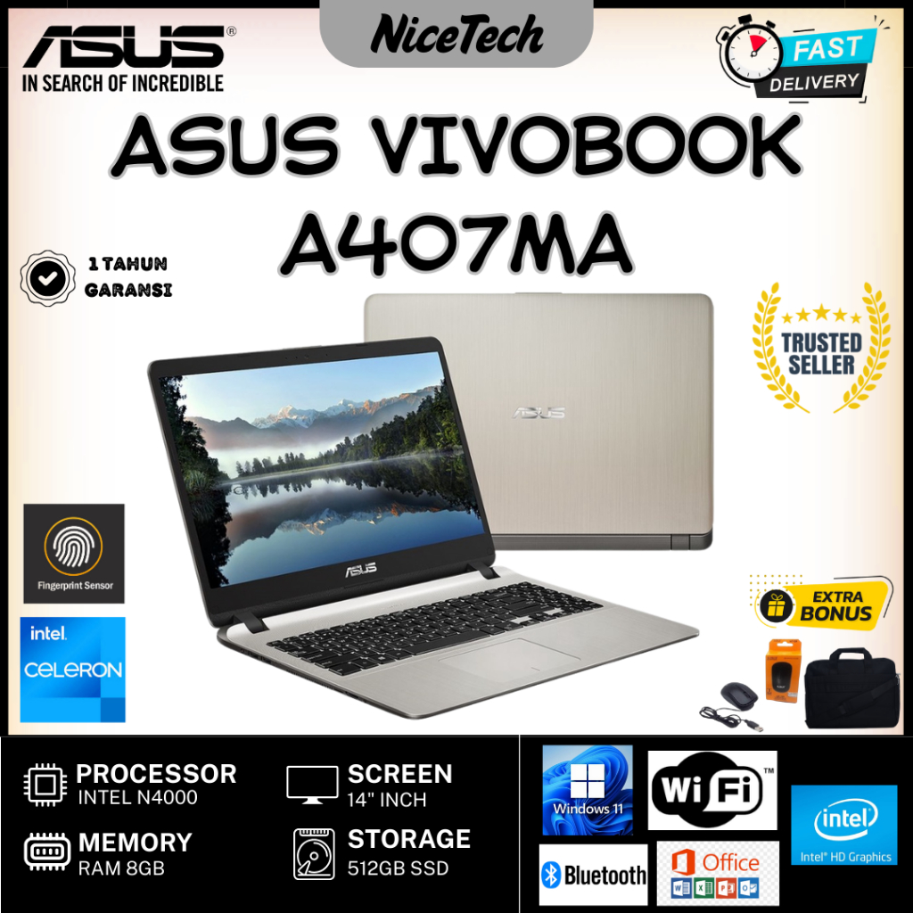 ASUS VivoBook A407MA Laptop 8GB RAM 512GB SSD Windows Office Free Bonus