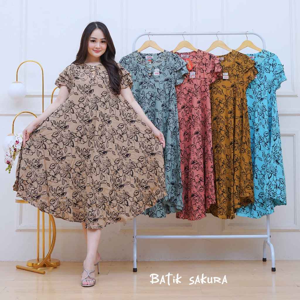 Daster Payung Jumbo Bonnie Motif Printing Batik Sakura Pekalongan Baju Rayon Dress Panjang Kancing P