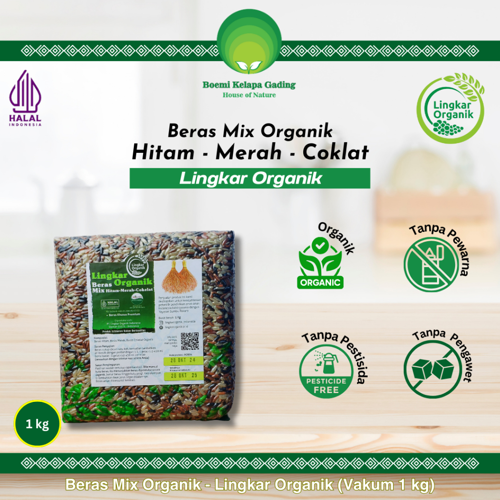 Lingkar Organik Beras Mix Hitam Merah Coklat Organik Non GMO 1 kg Kemasan Vakum