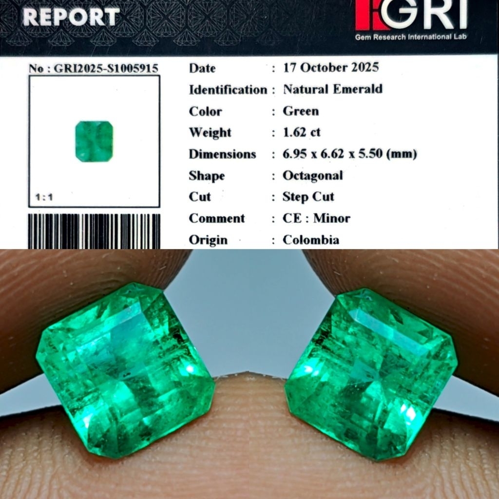 HQ HOT ITEM Natural Emerald Colombia Minor 1.6ct GRI Super Top Crystall Full Luster Siang Malam Body