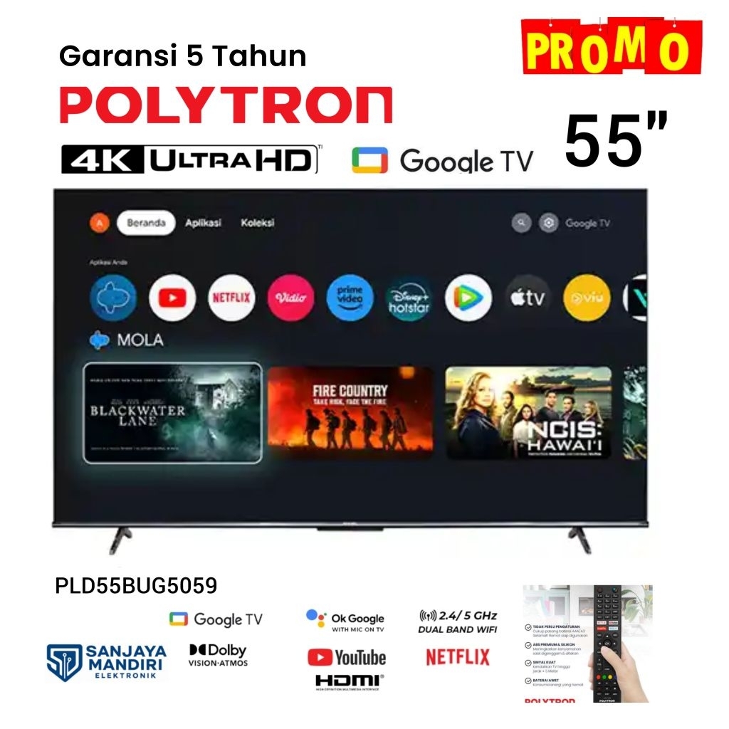 GARANSI 5 TAHUN POLYTRON UHD 4K 55" Google TV POLYTRON TV 55 Inch 4K UHD Smart Google TV PLD 55UG505