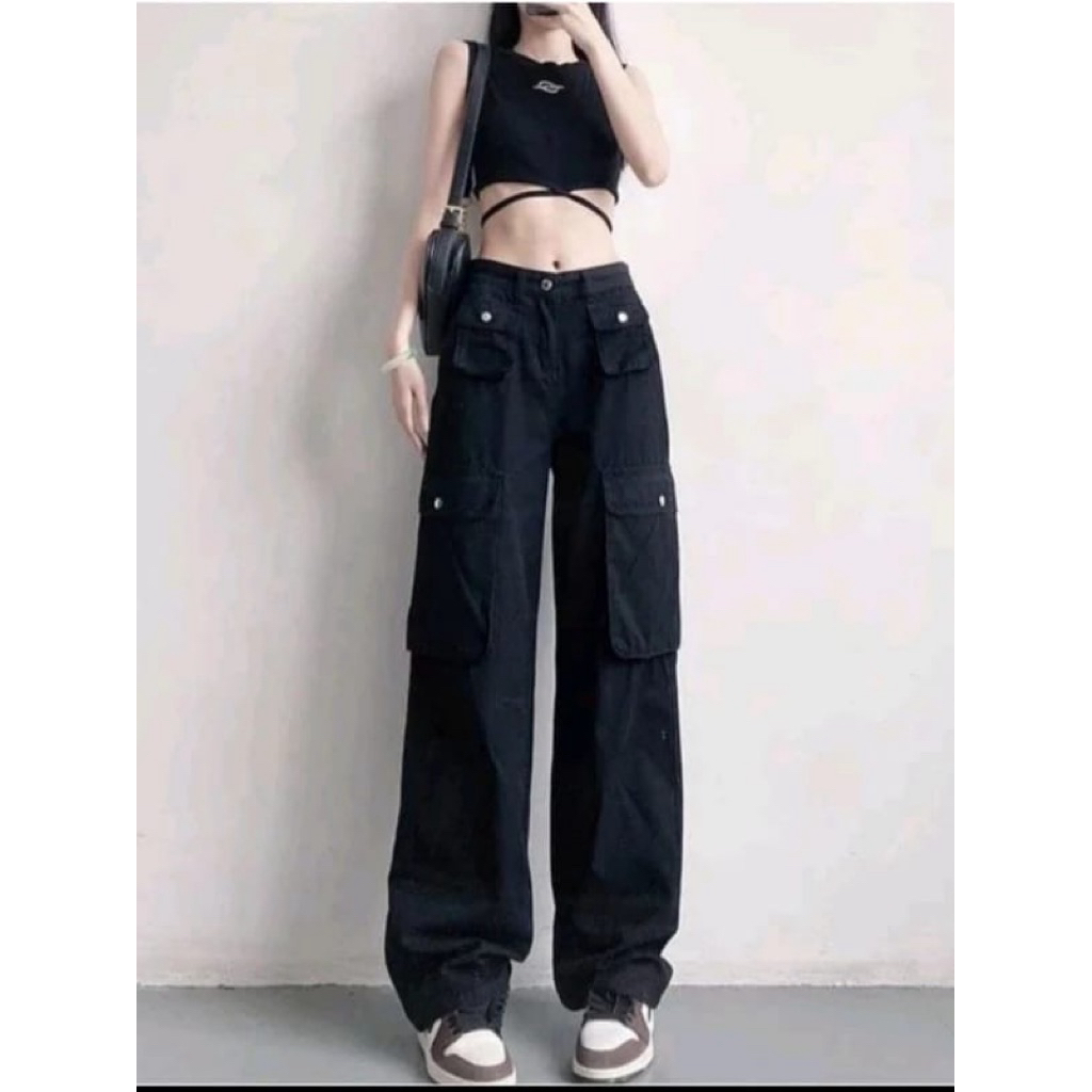 Celana Cargo Highwaist Wanita-Celana Cargo Denim Pasir Putih New-Celana Cargo Wanita Kekinian