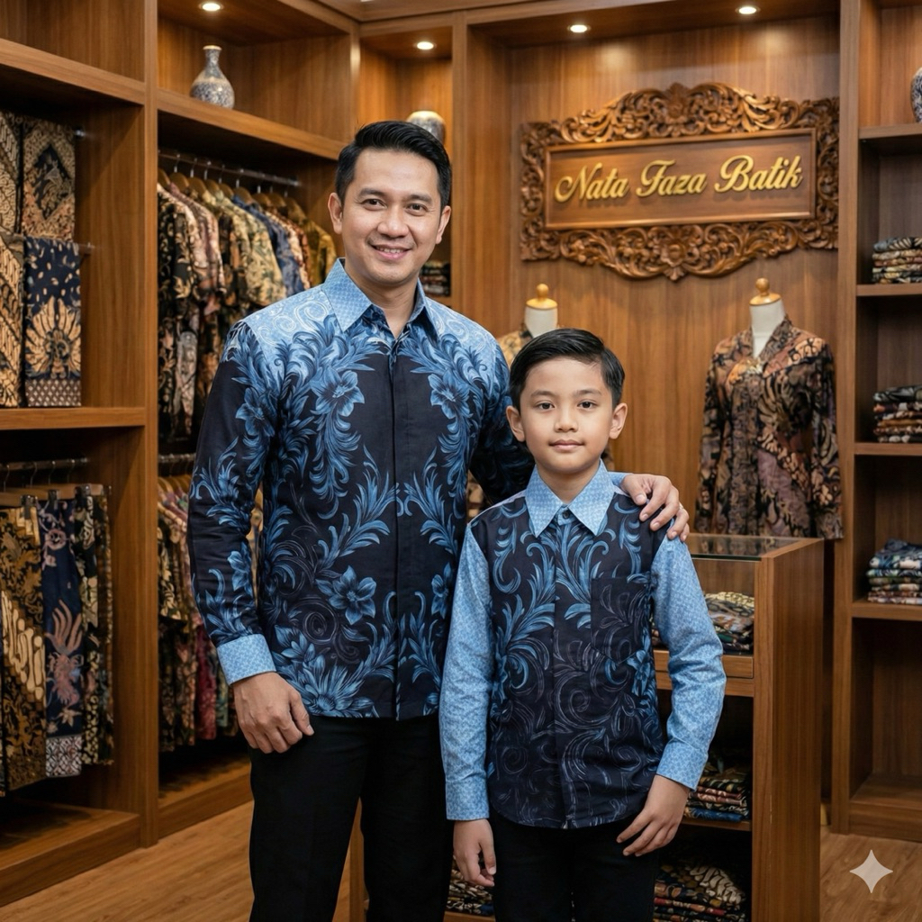 GRACEFUL Biru Elektrik Graasi Kemeja Batik Couple Keluarga Ayah Anak Motif Floral Besar – Bahan Katu