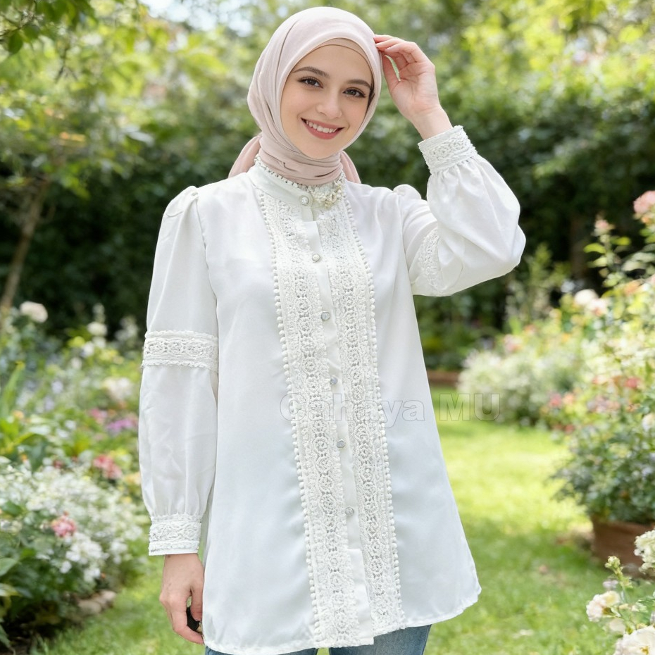 Atasan Wanita Kekinian/Kemeja Wanita Putih/Kemeja Brokat Bordir Terbaru