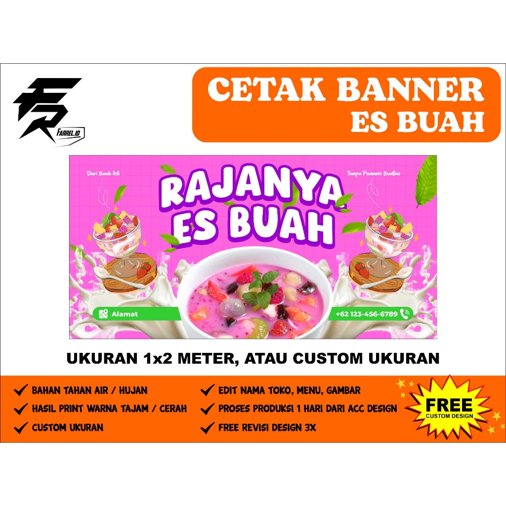 Banner Spanduk Es Buah Minuman cafe Jus buah Custom Desain Flexi Korea Tahan Air Farrel.id