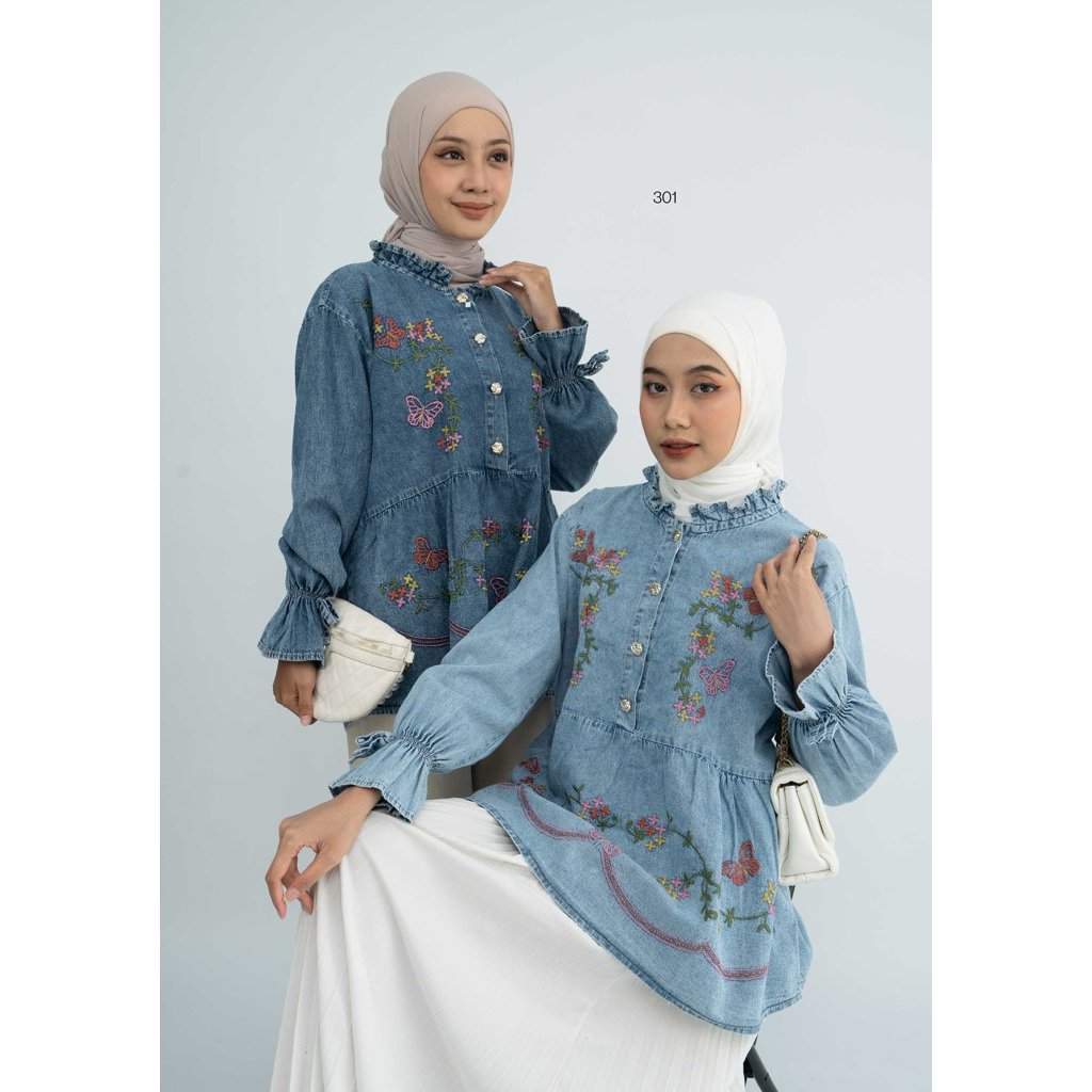 RAYA BLOUSE DENIM | BAJU WANITA DENIM KEKINIAN BAJU WANITA DENIM BORDIR LUCU