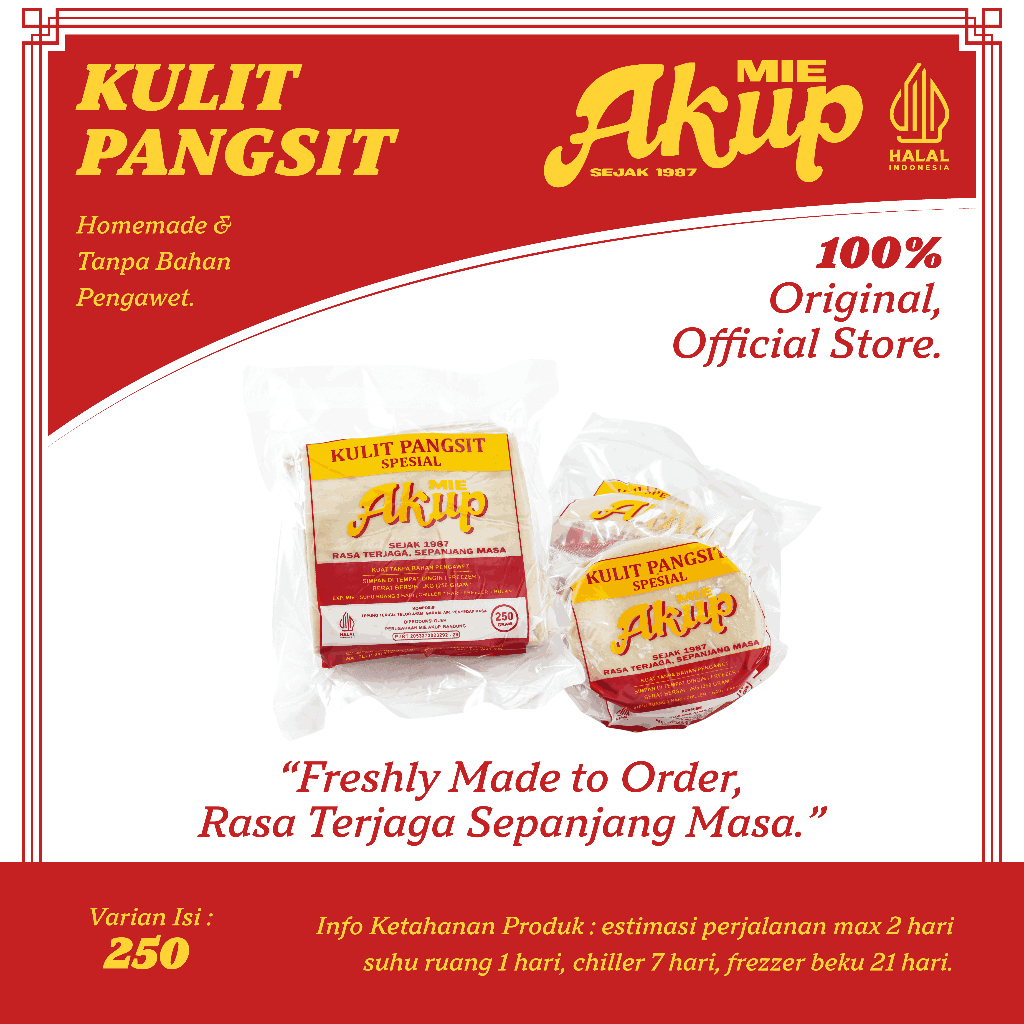 AKUP - Kulit Pangsit Mentah Kotak Bulat Goreng Rebus Halal Tidak Sobek Tanpa Pengawet 250gr / 500gr