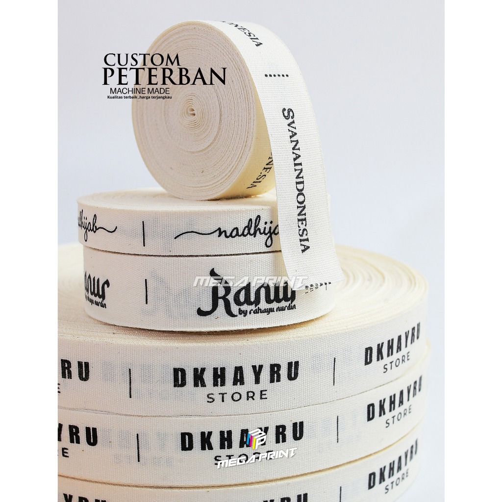 piterban import/katun,cetak satu sisi/satu warna,custom piterban,label baju,celana,hijab,kerudung dl