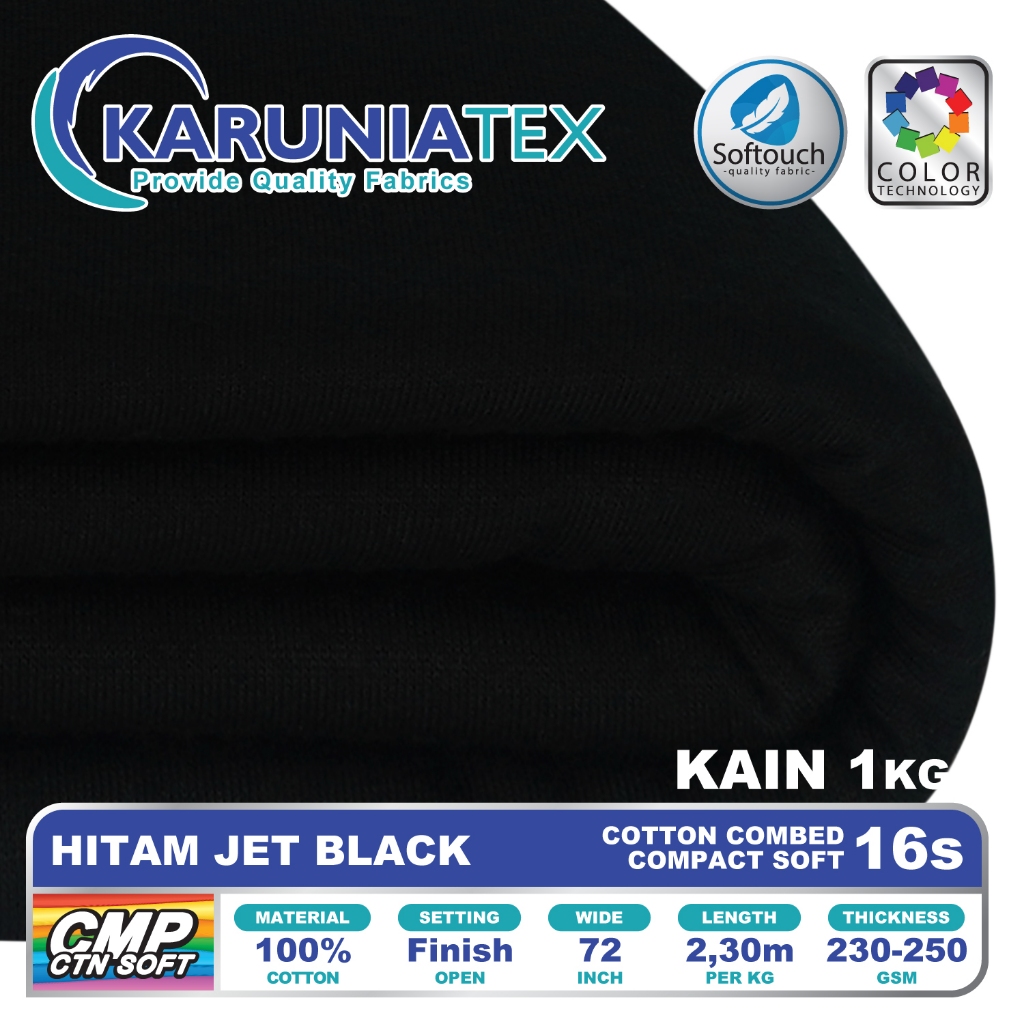 Kain Kaos Cotton Combed Compact 16s Kiloan | Hitam Jet Black | Karunia Textile