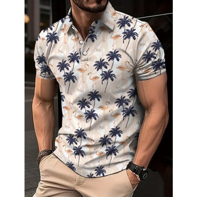 Kaos Polo Pria Motif Pohon Palma Hawaii Cetak 3D, Kemeja Polo Kasual Lengan Pendek Big Size