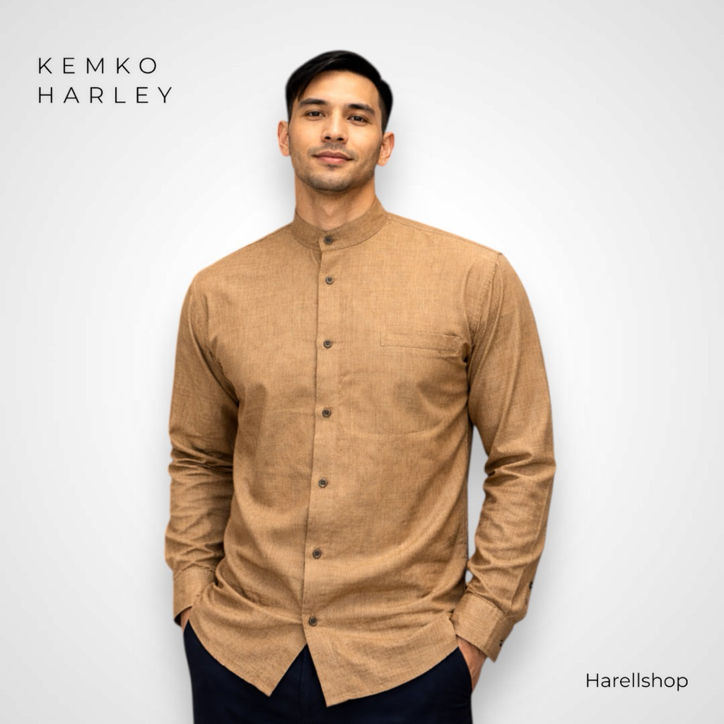 Kemko Harley Pria Lengan Panjang Coklat Mocca Motif | Baju Koko Modern Katun Adem | Kemeja Koko Prem