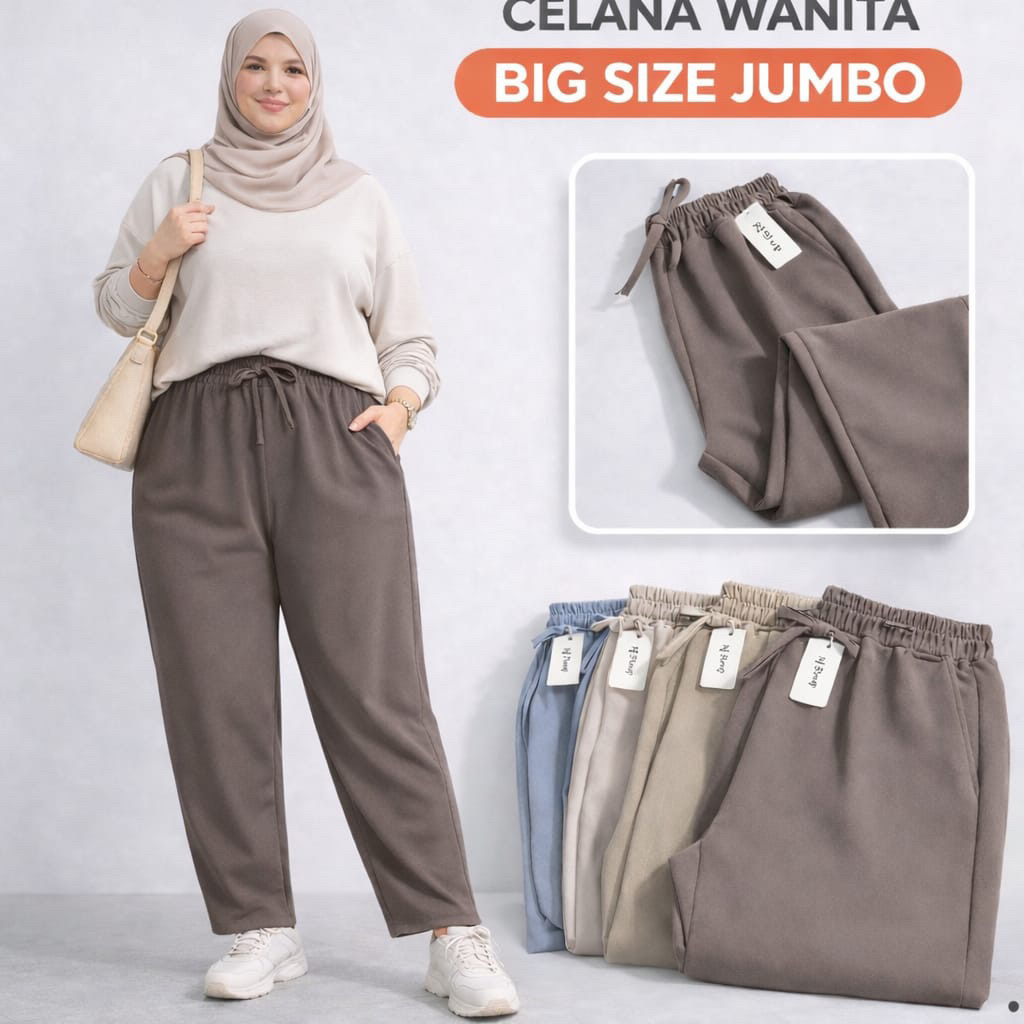Celana Wanita Jumbo Big Size XXXL 60-100kg Baggy Pants Panjang Karet Pinggang Stretch Celana Santai 