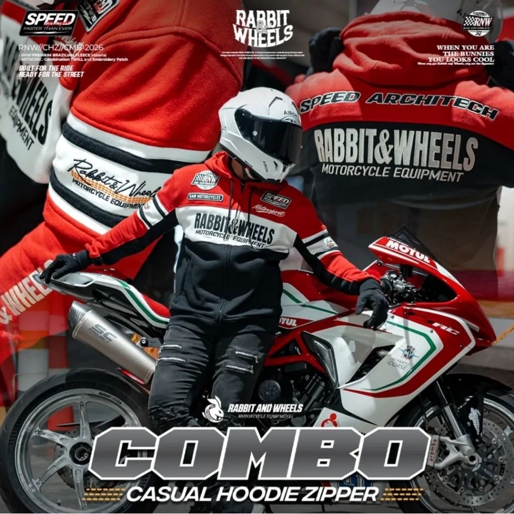 Rabbit and Wheels Combo Casual Hoodie Zipper Red