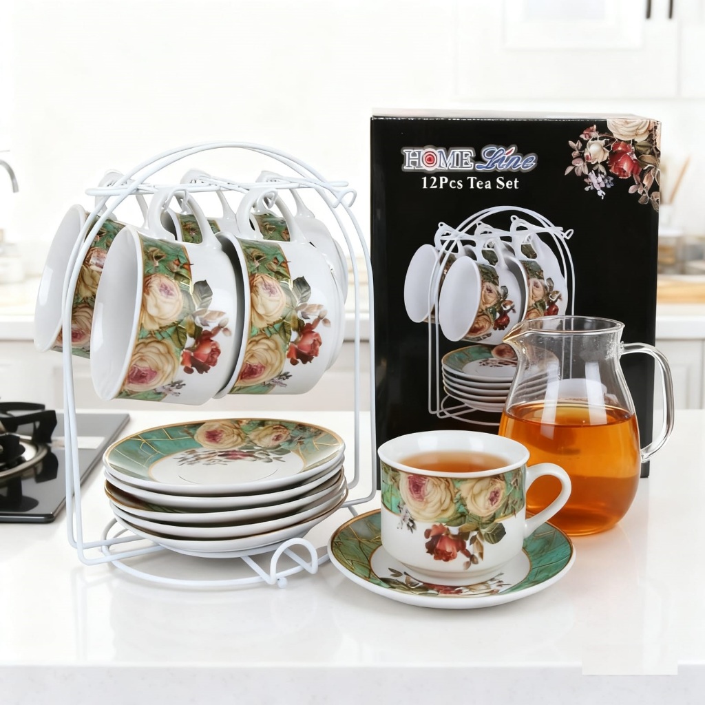 Home Line Tea Set Cangkir lepek Cup and saucers Set 13 pcs Keramik Porselen