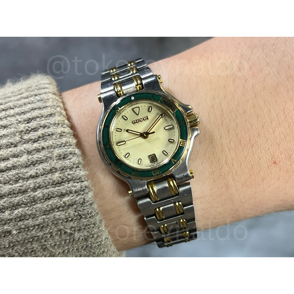 JAM TANGAN VINTAGE G 9700L SMALL ROUND GREEN ROTATING BEZEL TWO TONE CREAM DIAL LX2035