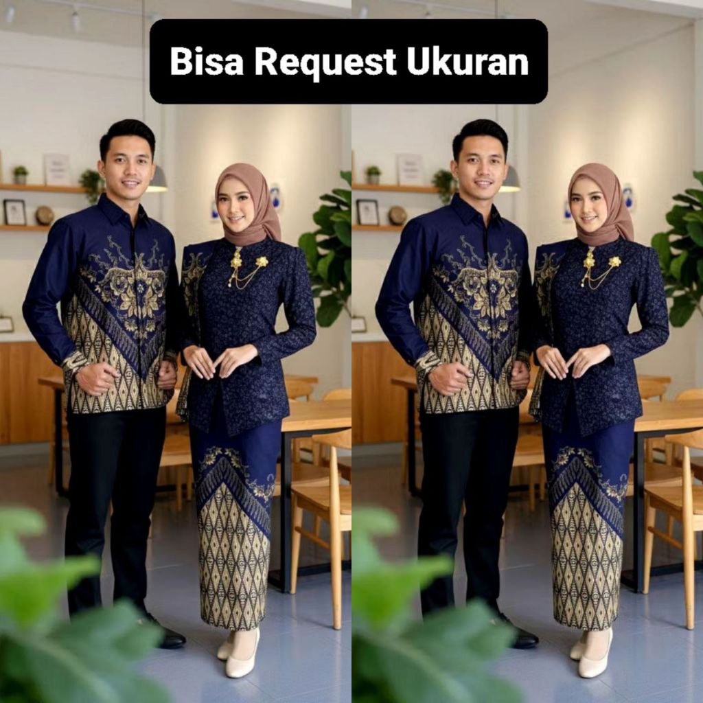 SET KEBAYA JANGGAN NAVY ORI COUPLE KEMEJA PREMIUM CUSTOM ANAK & JUMBO / BAJU SETELAN SERAGAM BATIK P