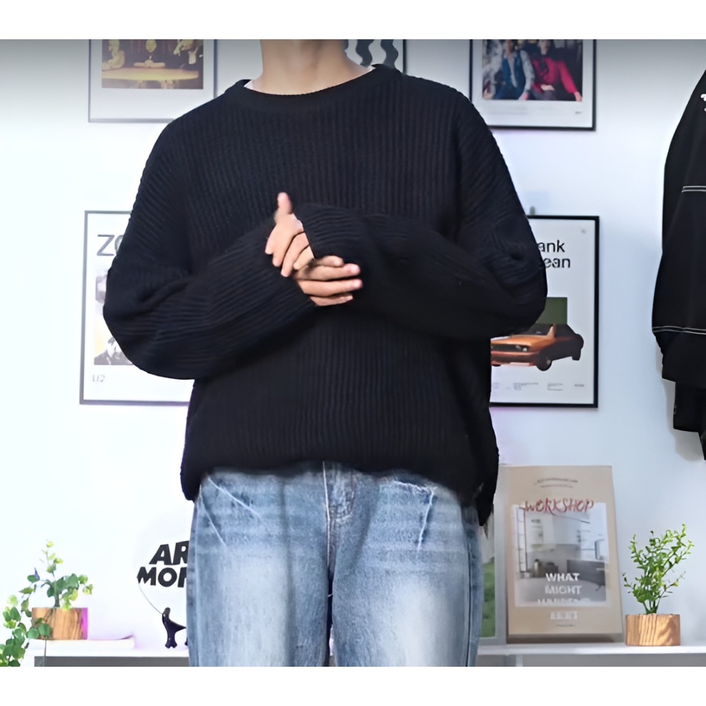 Baju Rajut Boxy Pria Lengan Panjang Polos Hitam | Trendy All Size