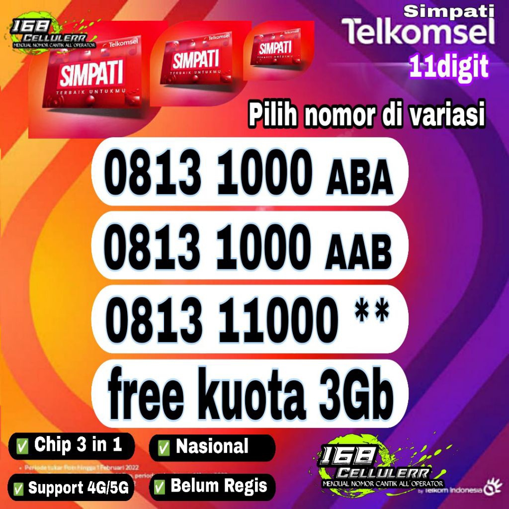 kartu perdana nomor cantik simpati 11 digit 5G perdana Telkomsel 1000 ABA