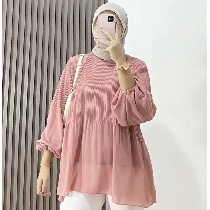 Kayra Blouse Plisket Atasan Wanita Polos Kerah Bulat Lengan Balon Full Furing Ceruty Babydoll