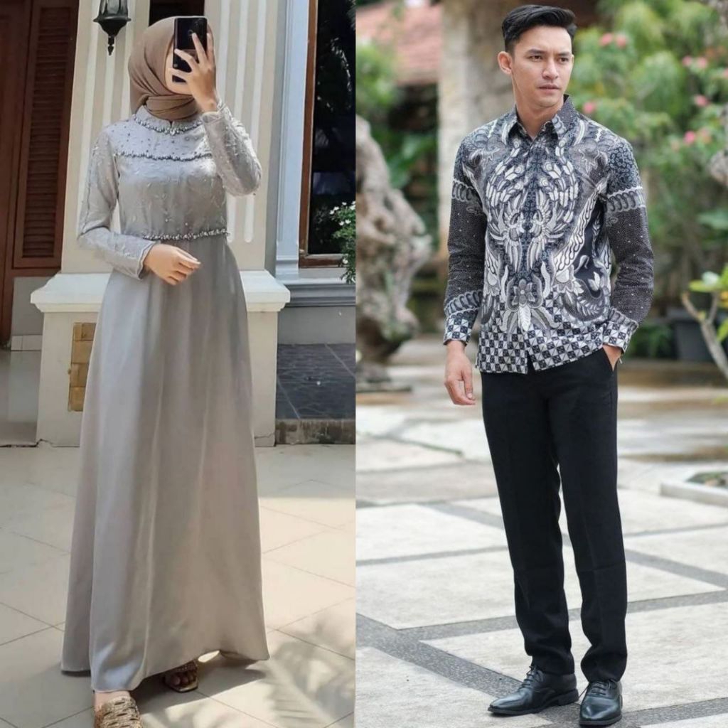 SET MAXMARA DRESS SILVER ORI COUPLE KEMEJA PREMIUM / CUSTOM ANAK & JUMBO / BAJU SERAGAM BATIK PASANG