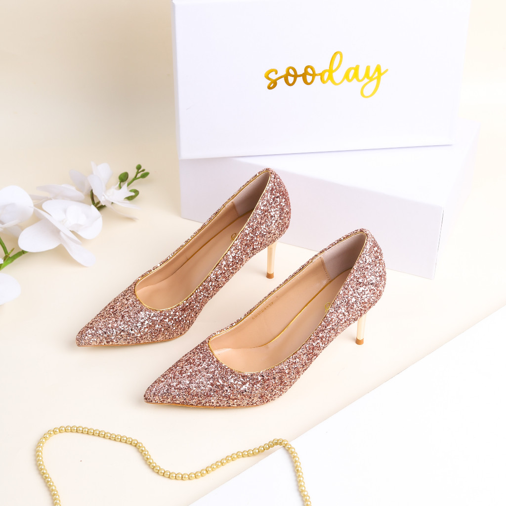 Sooday No. 1024 Rosegold / Size 34-43 / 7.5cm / glitter high heels / party heels / sepatu hak tinggi