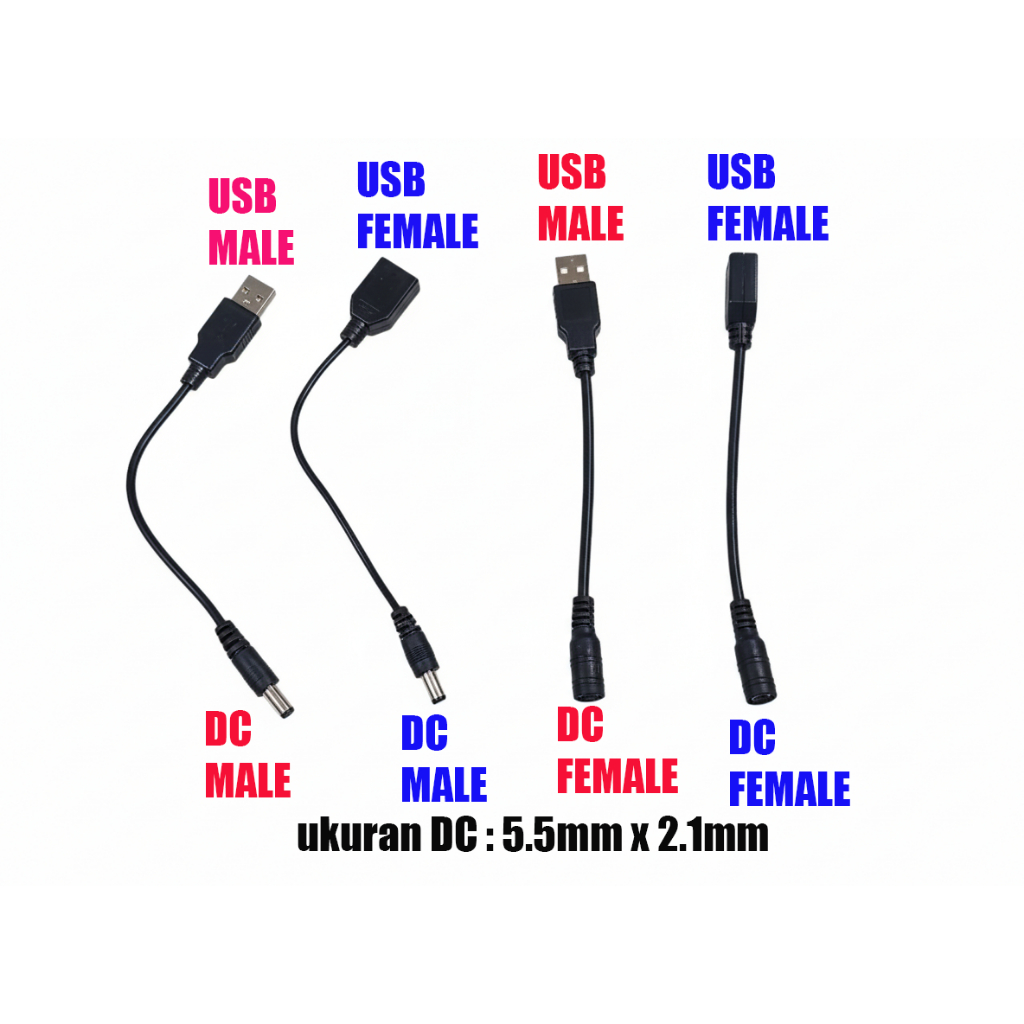 kabel usb male to dc male - usb male to dc female - usb female to dc male - usb female to dc female 