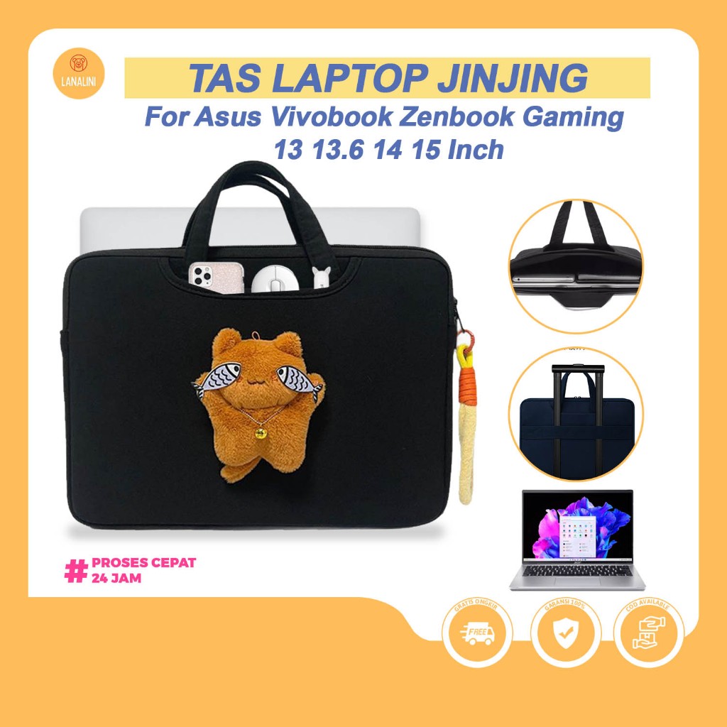 Tas Jinjing Laptop Asus Vivobook Zenbook S13 S14 A14 Cute Bag Kucing Ikan Anti Baret Water Repellent